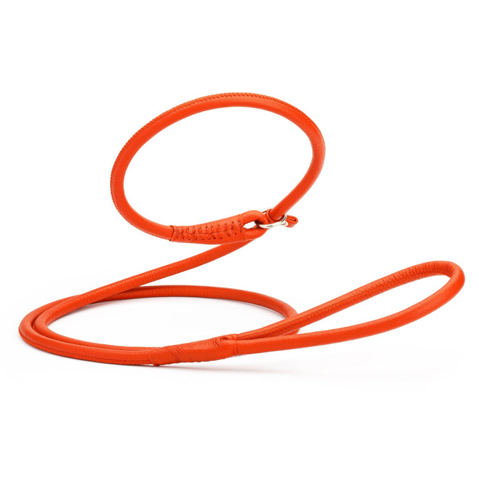 Orange leather slip leash for dogs with stopper, 3/8 inch wide