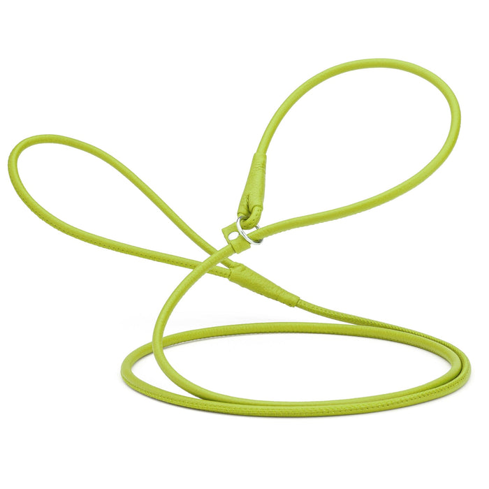 Lime green leather slip lead for dogs with stopper, width 1/4 inch