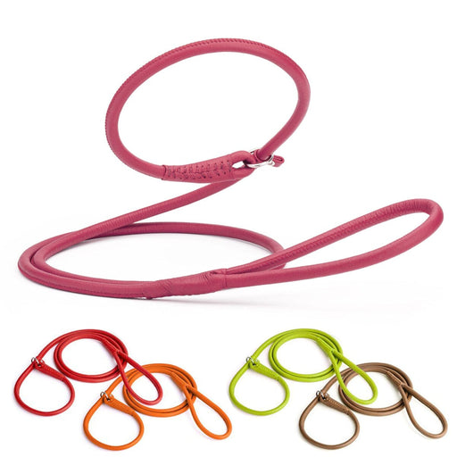Rolled leather slip leads for dogs, 3ft or ft long; pink, red, orange, lime green, brown and 6 other color options