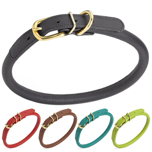 Round leather dog collars with brass hardware. Black, red, brown, teal, green and 6 other color options