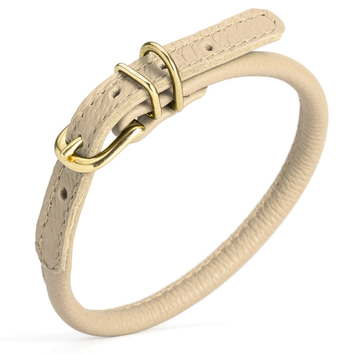 Beige leather dog collar with brass buckle and D-ring, 1/3 inch wide, round design