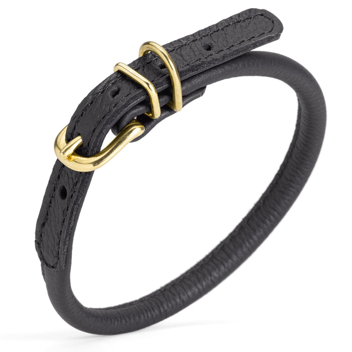 Black leather dog collar with brass buckle and D-ring, 1/3 inch wide, round design