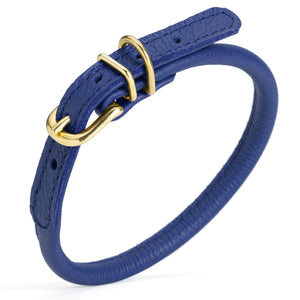 Blue leather dog collar with brass buckle and D-ring, 1/3 inch wide, round design