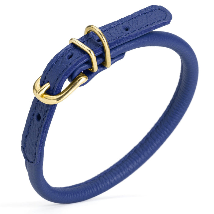 Blue leather dog collar with brass buckle and D-ring, 1/3 inch wide, round design