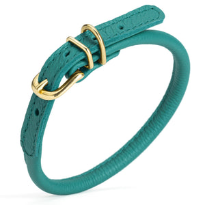Teal leather dog collar with brass buckle and D-ring, 1/3 inch wide, round design