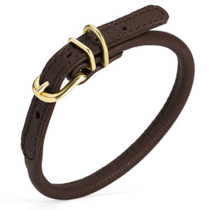 Dark brown leather dog collar with brass buckle and D-ring, 1/3 inch wide, round design