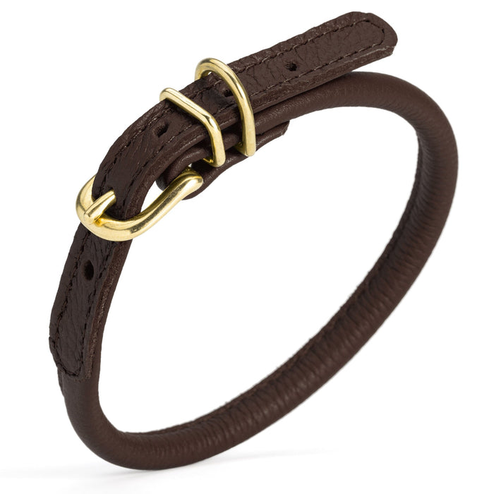 Dark brown leather dog collar with brass buckle and D-ring, 1/3 inch wide, round design