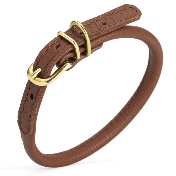 Brown leather dog collar with brass buckle and D-ring, 1/3 inch wide, round design