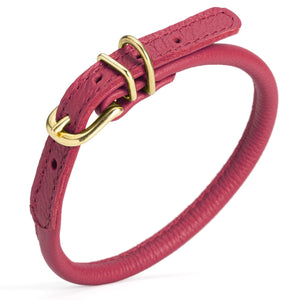 Pink leather dog collar with brass buckle and D-ring, 1/3 inch wide, round design
