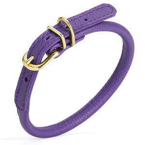 Purple leather dog collar with brass buckle and D-ring, 1/3 inch wide, round design