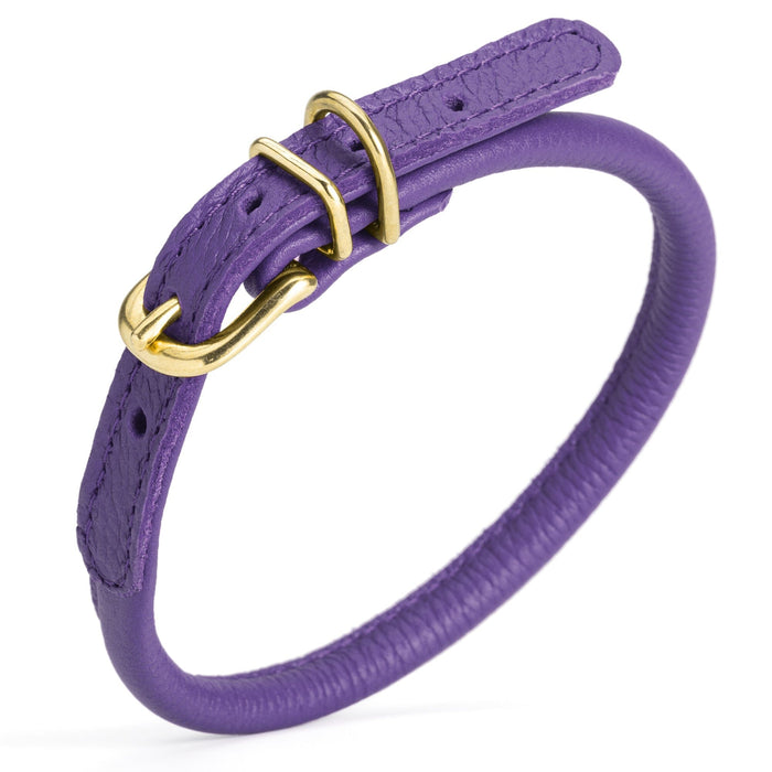 Purple leather dog collar with brass buckle and D-ring, 1/3 inch wide, round design