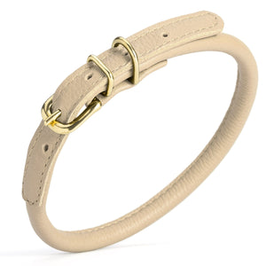 Beige rolled leather dog collar with solid brass hardware, 3/8 inch wide 