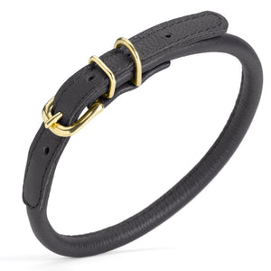 Black rolled leather dog collar with solid brass hardware, 3/8 inch wide 