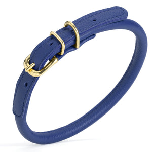 Royal blue rolled leather dog collar with solid brass hardware, 3/8 inch wide 