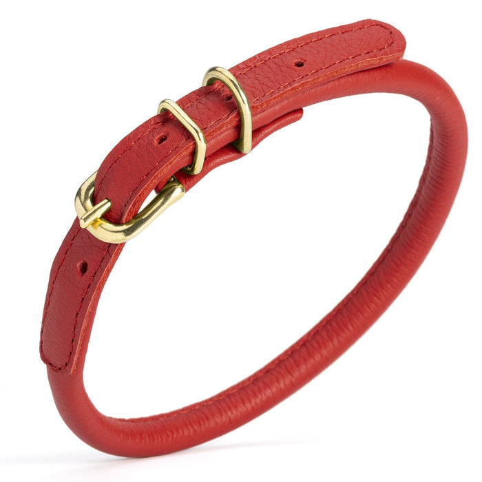 Red rolled leather dog collar with solid brass hardware, 3/8 inch wide 