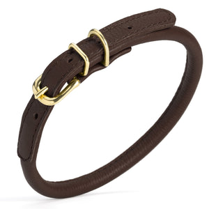 Dark Brown rolled leather dog collar with solid brass hardware, 3/8 inch wide 