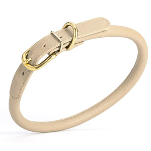 Beige leather dog collar with brass buckle and D-ring, width 1/2 inch, adjustable