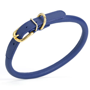 Navy Blue leather dog collar with brass buckle and D-ring, width 1/2 inch, adjustable