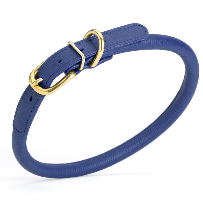 Navy Blue leather dog collar with brass buckle and D-ring, width 1/2 inch, adjustable