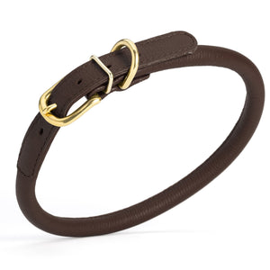Dark Brown leather dog collar with brass buckle and D-ring, width 1/2 inch, adjustable