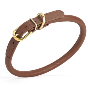 Brown leather dog collar with brass buckle and D-ring, width 1/2 inch, adjustable