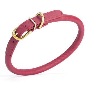 Pink leather dog collar with brass buckle and D-ring, width 1/2 inch, adjustable