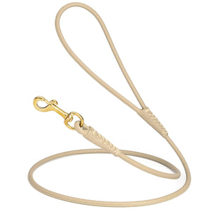 Beige leather dog leash with brass snap hook, 1/4 inch wide