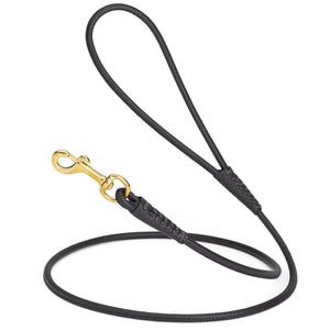 Black leather dog leash with brass snap hook, 1/4 inch wide