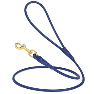 Blue leather dog leash with brass snap hook, 1/4 inch wide