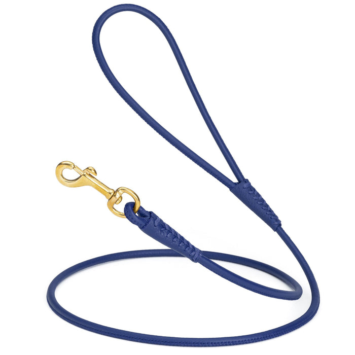 Blue leather dog leash with brass snap hook, 1/4 inch wide
