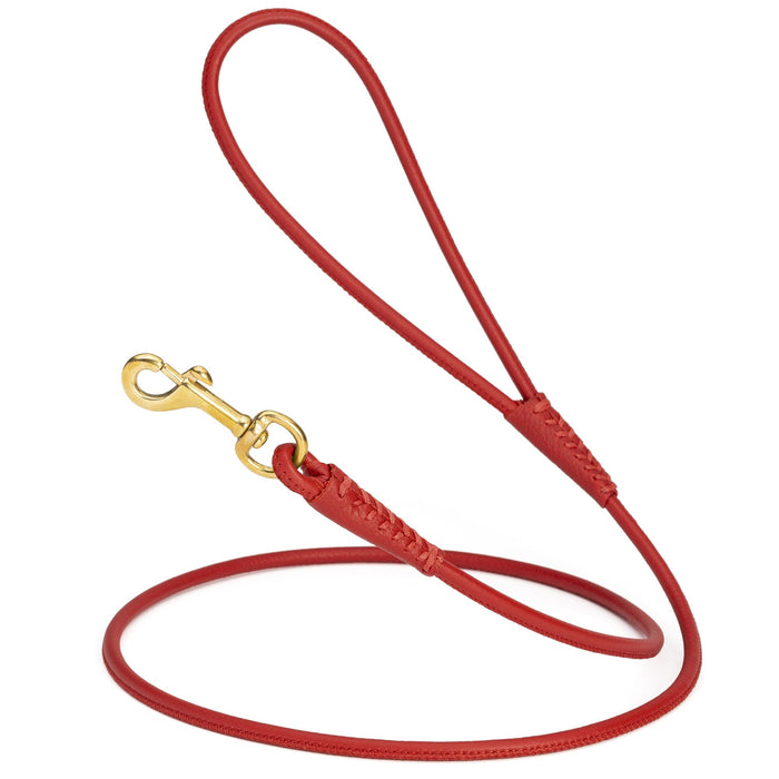 Red leather dog leash with brass snap hook, 1/4 inch wide