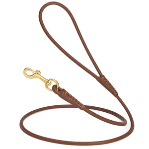 Brown leather dog leash with brass snap hook, 1/4 inch wide