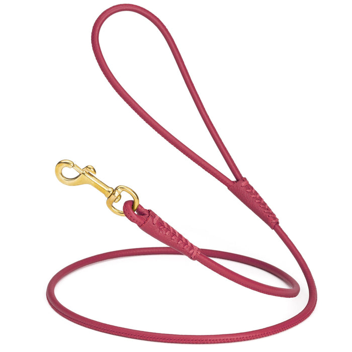 Pink leather dog leash with brass snap hook, 1/4 inch wide