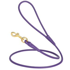 Purple leather dog leash with brass snap hook, 1/4 inch wide