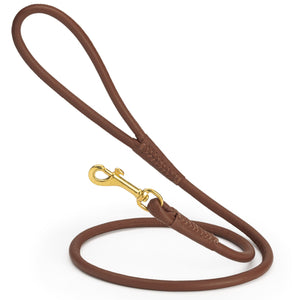 Brown rolled leather dog lead with brass clip, 3/8 inch wide