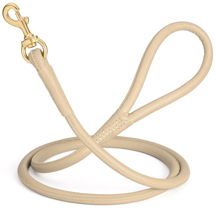 Beige round leather dog leash with brass snap, width 1/2 inch