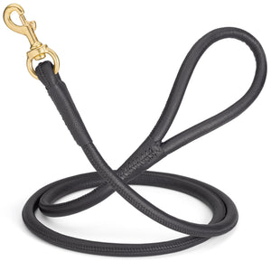 Black round leather dog leash with brass snap, width 1/2 inch