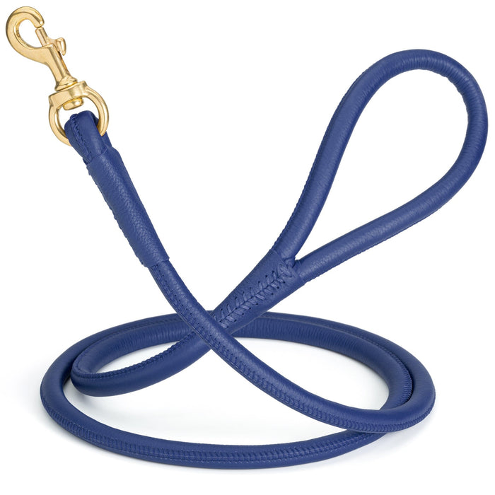 Navy blue round leather dog leash with brass snap, width 1/2 inch