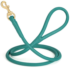 Teal round leather dog leash with brass snap, width 1/2 inch