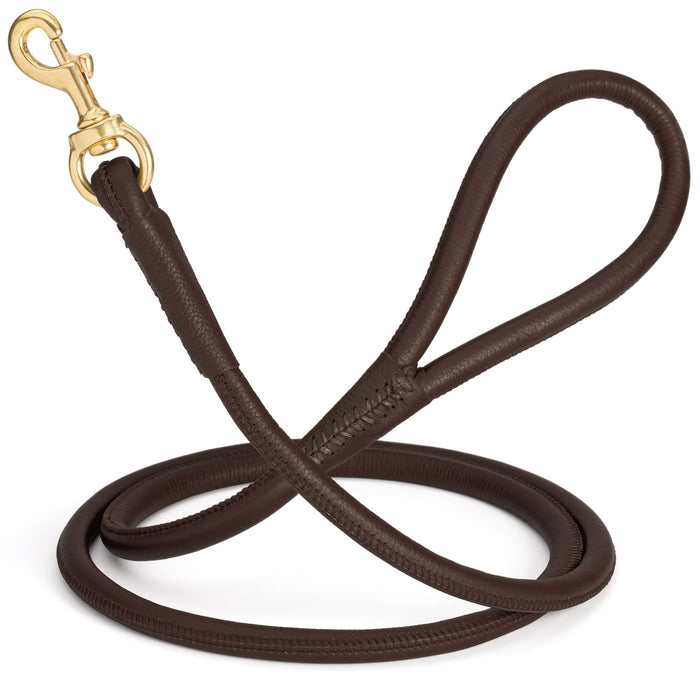 Dark Brown round leather dog leash with brass snap, width 1/2 inch