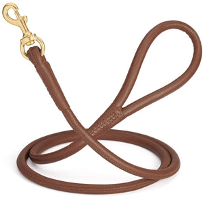 Brown round leather dog leash with brass snap, width 1/2 inch