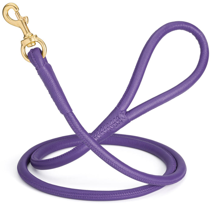 Purple round leather dog leash with brass snap, width 1/2 inch