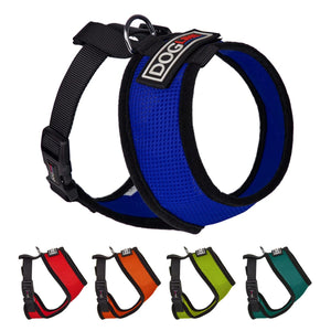 Mesh harness for dogs, soft and padded, with quick release buckle, adjustable chest width; blue, red, orange, green, teal and 3 other color options