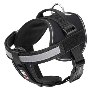 Black dog harness with adjustable belly straps, top handle, removable reflective chest plate and two patch backing fasteners, made from nylon