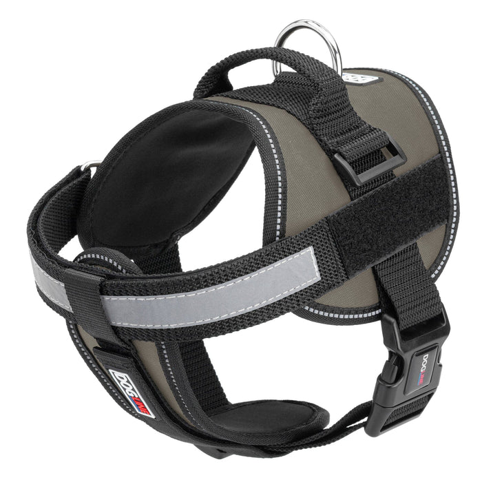 Gray dog harness with adjustable belly straps, top handle, removable reflective chest plate and two patch backing fasteners, made from nylon