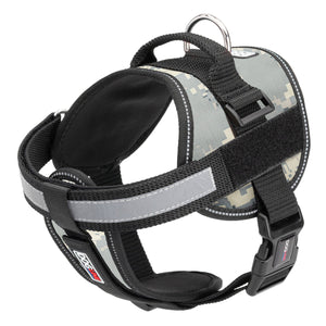 Urban camo dog harness with adjustable belly straps, top handle, removable reflective chest plate and two patch backing fasteners, made from nylon