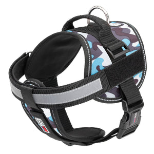 Blue camo dog harness with adjustable belly straps, top handle, removable reflective chest plate and two patch backing fasteners, made from nylon
