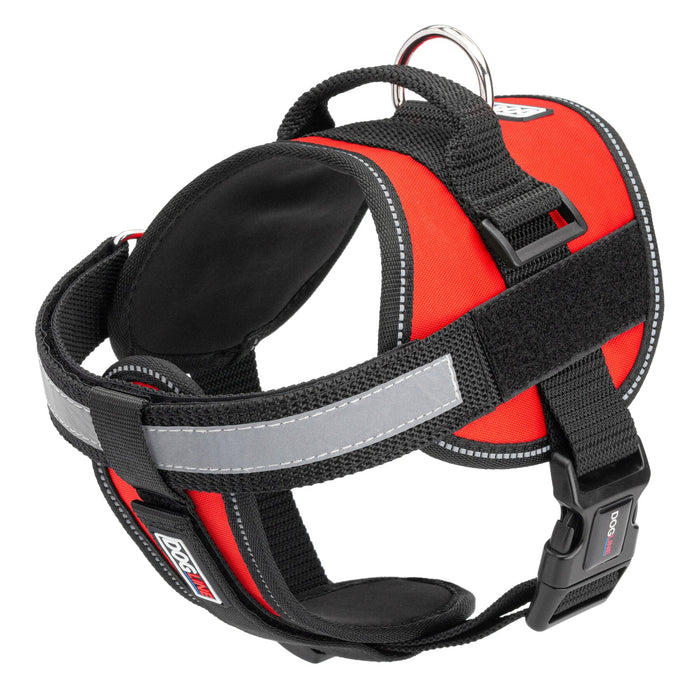 Red dog harness with adjustable belly straps, top handle, removable reflective chest plate and two patch backing fasteners, made from nylon