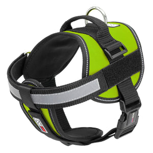 Lime green dog harness with adjustable belly straps, top handle, removable reflective chest plate and two patch backing fasteners, made from nylon