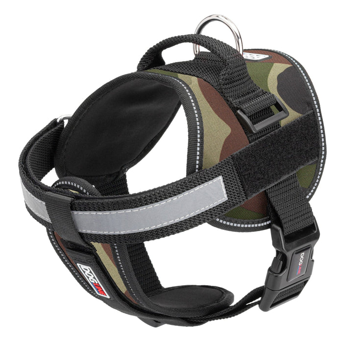 Green camo dog harness with adjustable belly straps, top handle, removable reflective chest plate and two patch backing fasteners, made from nylon
